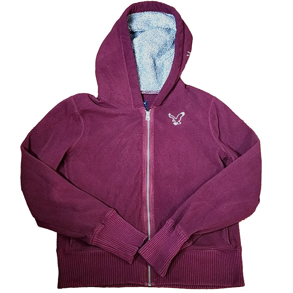 Vintage Y2K American Eagle Fleece Jacket Faux Fur Lined Hood Full Zip Pockets XL